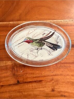Glass Oval Paperweight with Colorful Hummingbird Design